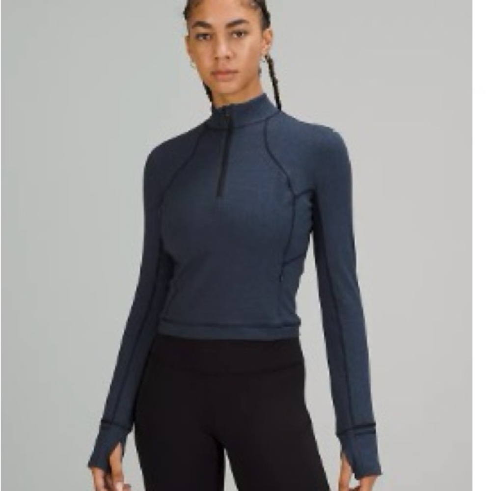 Lululemon It’s Rulu Run Cropped Half Zip Heathered Navy Blue Top